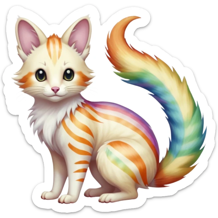  Realistic dull gloomy-dark-deep-grayish-indigo-violet-gradients albino fur with random colorful iridescent rainbow markings beautiful elegant pretty precious cute  Fakémon-Pokémon-opossum-feline-serval-caracal-chinchilla-Minccino-hybrid-creature with a big fluffy bushy striped tail (full body) sticker