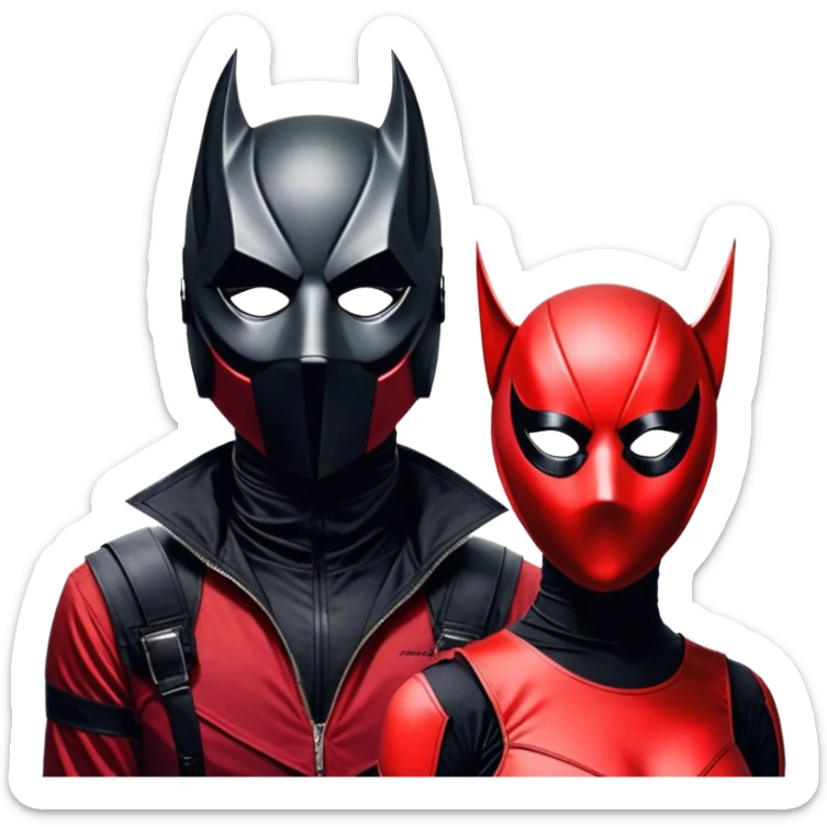 "Czerwona i czarna ikona przedstawiająca maskę Deadpoola z ironicznym uśmiechem. Styl komiksowy z wyraźnymi konturami i lekkim cieniowaniem. Tło przezroczyste, idealne jako emotka Discorda." sticker