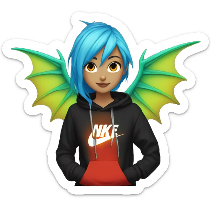 Lady with brunette and iridescent blue hair, gold, lime green dragon wings, black hoodie, bleach dyed, black and gold Nike t shirt, and bright red eyes sticker