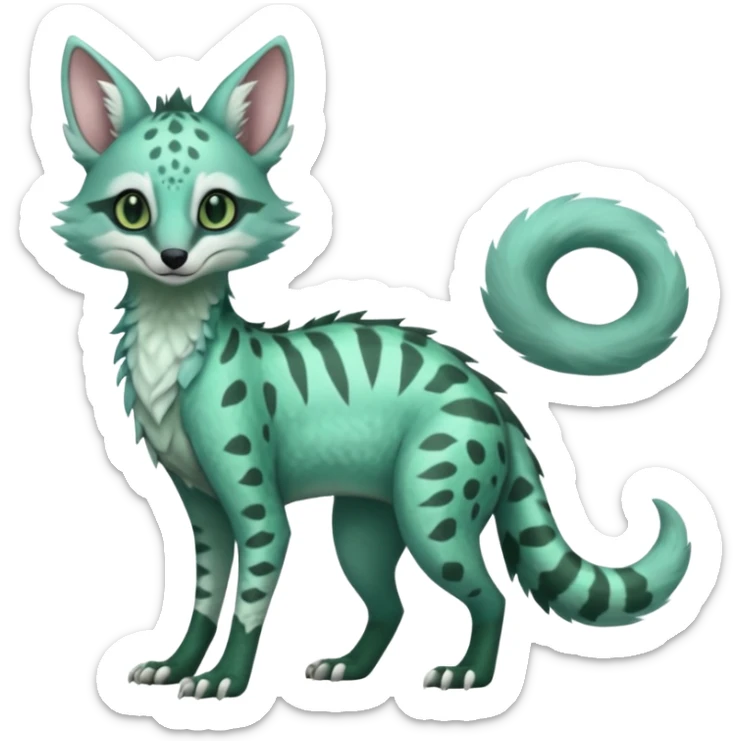 Feral Rare Fantasy minty-cyan pastel-seafoam-green Hunter-forest-green  Vernid-Sergal-Genet-Trico-species by LiLaiRa, random markings, tufted tail, tufted ears, full body sticker