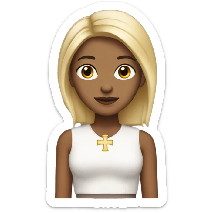 Blonde, short straight hair, brown eyes, wearing cross earrings sticker