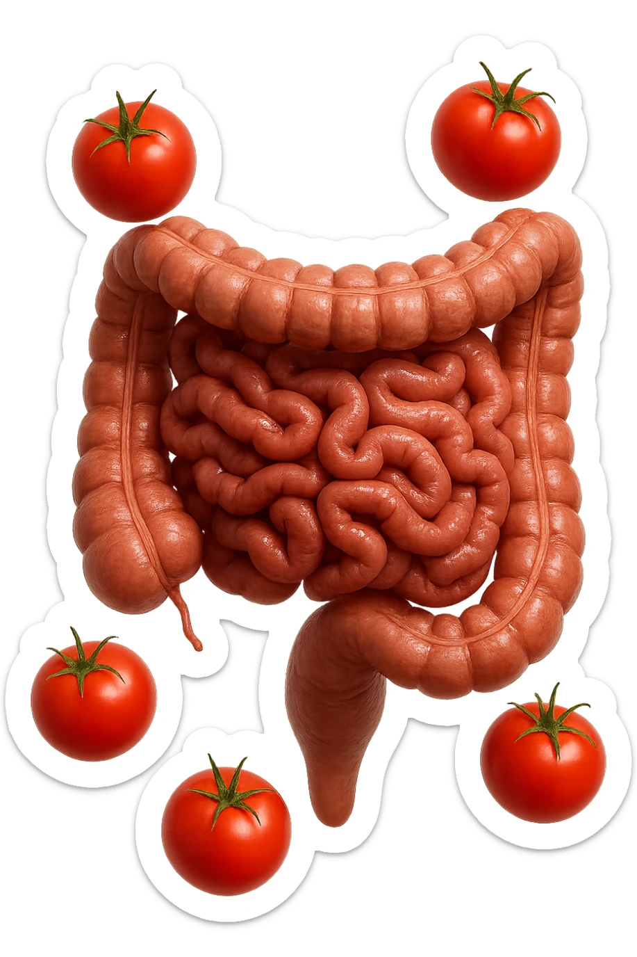 intestino umano anatomico con pomodori che gli fluttuano intorno, iperrealistico 4k sticker