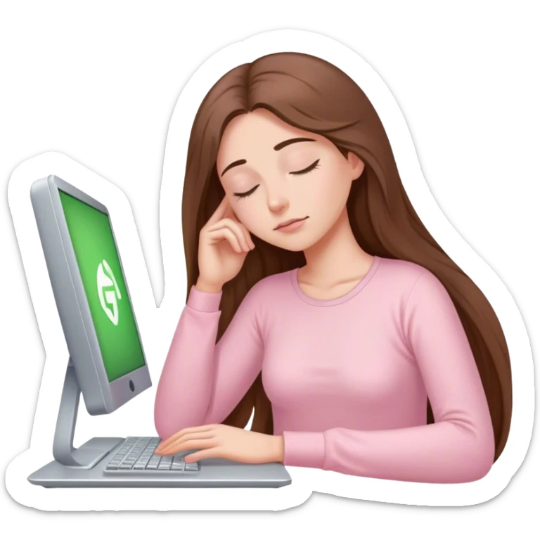 pretty woman with very long brown hair and green eyes and light pink outfit sleeping working on a computer sticker