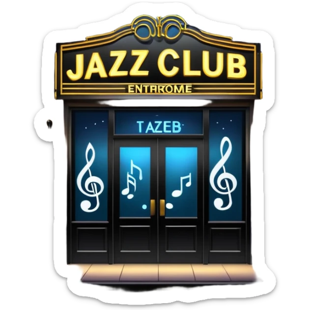 jazz club entrance at night with glowing sign and music notes sticker