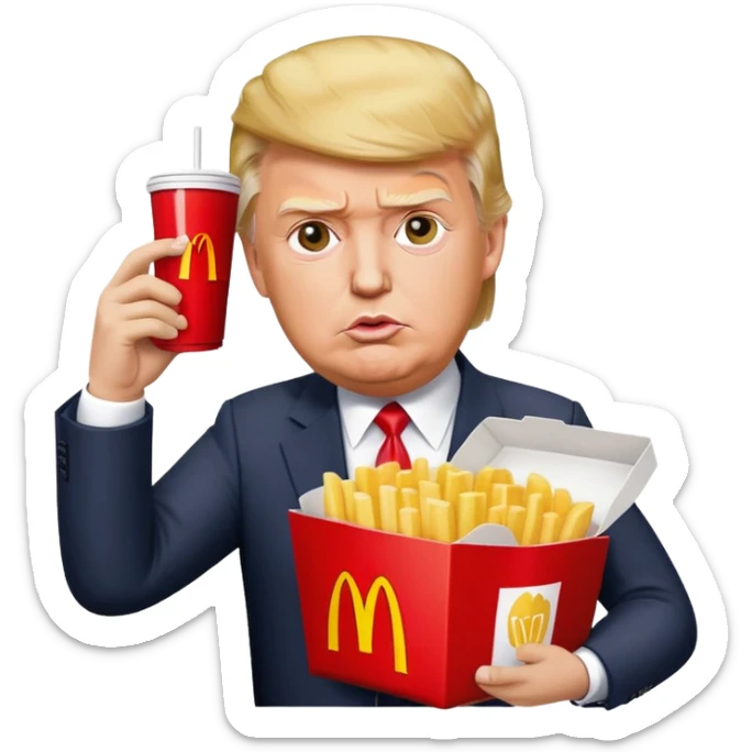 Donal trump getting shot in the ear photo, but he is holding a pack of macdonalds in his hand that he lifts up in the original photo sticker