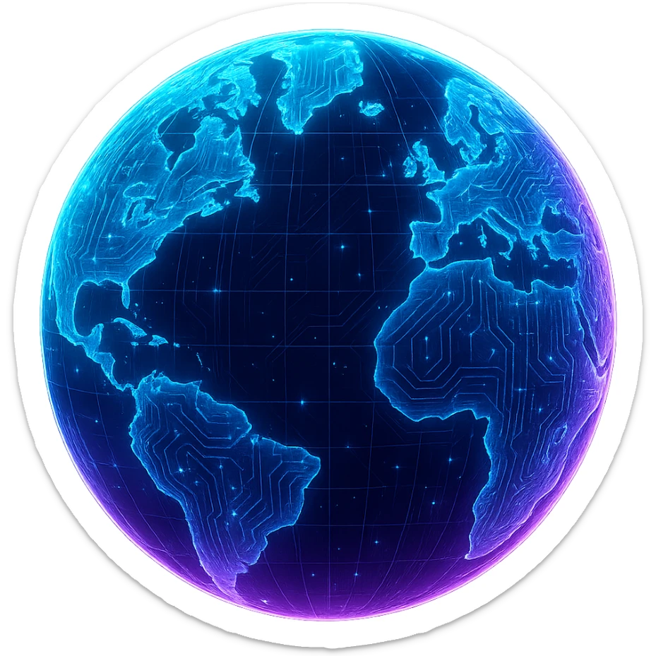 Create a globe in a cyberpunk, holographic style with glowing neon blue and pink edges, circuit patterns throughout the entire globe, and a transparent background. The globe should look futuristic and clean, with a consistent cyberpunk glow and intricate circuit details. sticker