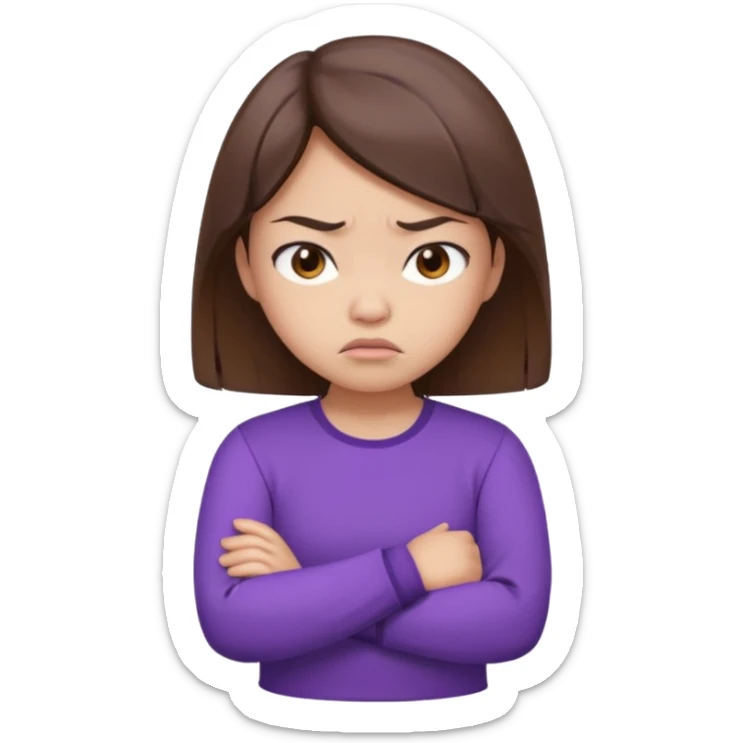 Angry Pouty girl with small asian eyes folding arms in a purple longsleeve shirt she has fair skin and brown hair sticker