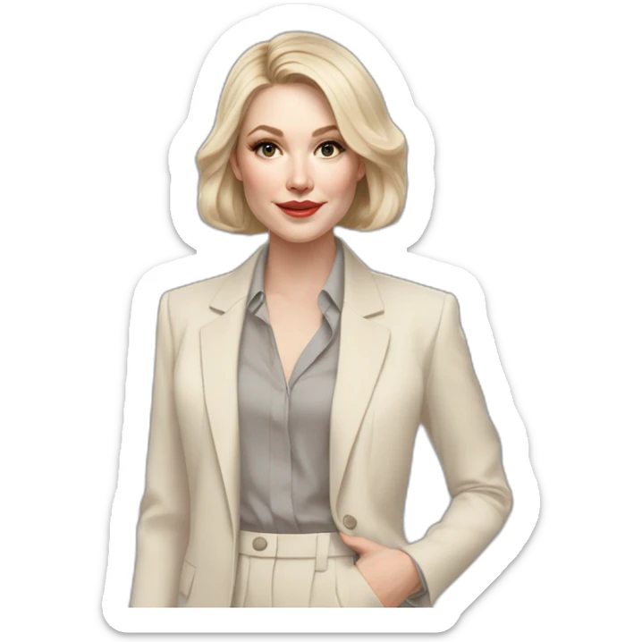 pale skin woman with ash blonde Straightened bob Hair, White Spacious classical jacket, beige palazzo Arrow pants and gray blouse holding a color palettes in the hands sticker