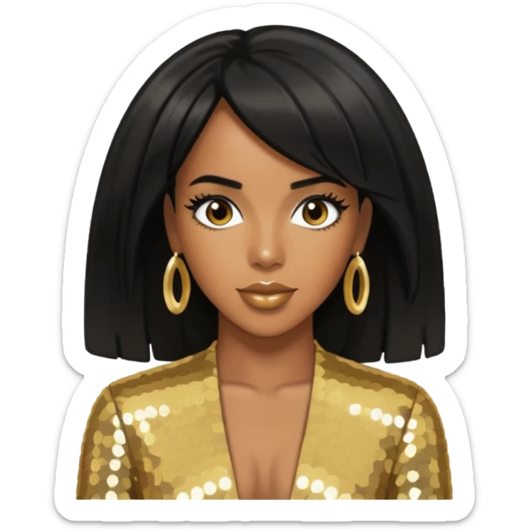 Kelly Rowland from Destiny's Child with black hair, gold outfit sticker