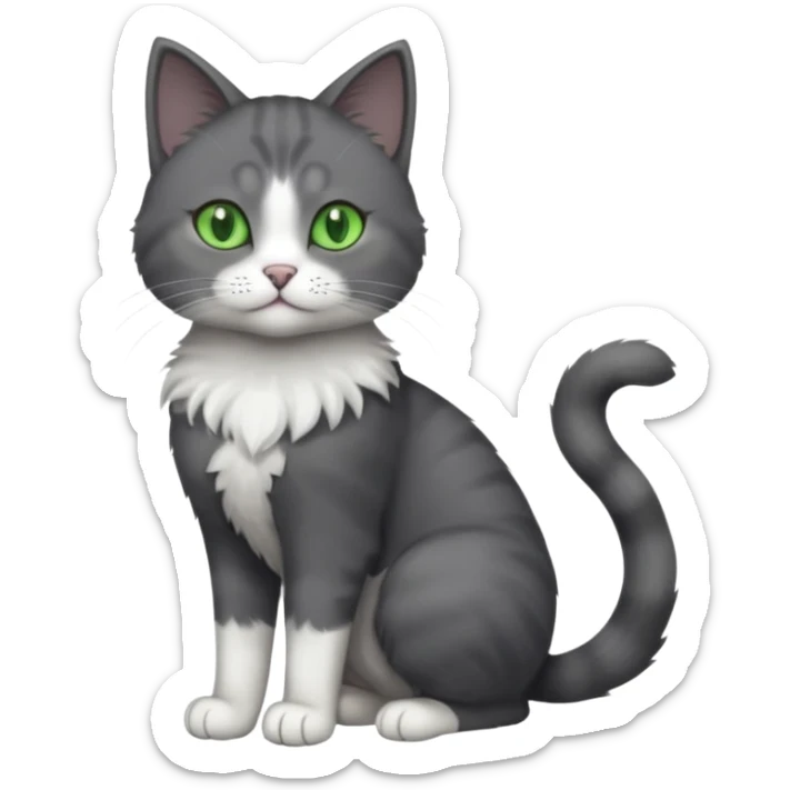 full body view of beautiful female solid dark grey cat with green eyes, white toes/paws and white patch on her chest sticker