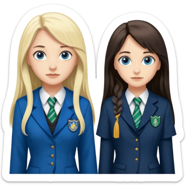 a pretty ravenclaw girl with long dark brown hair and blue eyes standing with a hot Slytherin girl with long blonde hair, blue eyes and big boobs  sticker
