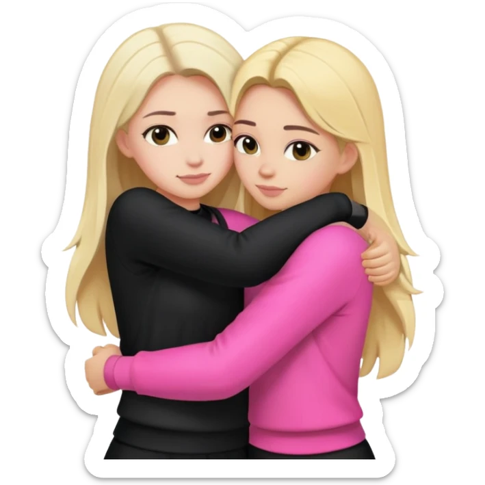 create an emotional smiley in the form of 2 girls hugging each other, 1 is dressed in black clothes with dark hair, the second girl is blonde in pink clothes. sticker