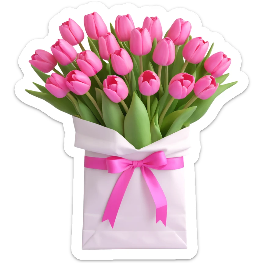A bouquet of pink tulips in a white paper bag tied with a pink ribbon, in 3D iOS style, pastel colors, soft shadows, clean and minimalistic design. sticker