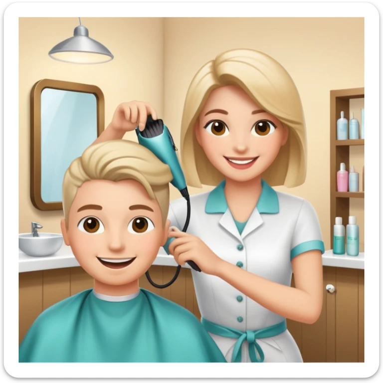 happy woman getting a haircut in a welcoming salon, both client and hairstylist smiling, no threatening elements sticker