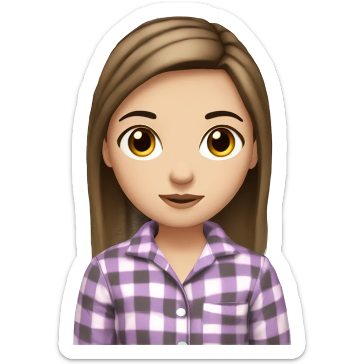 White girl straight brown hair dark black eyebrows brown eyes wearing pajamas  sticker