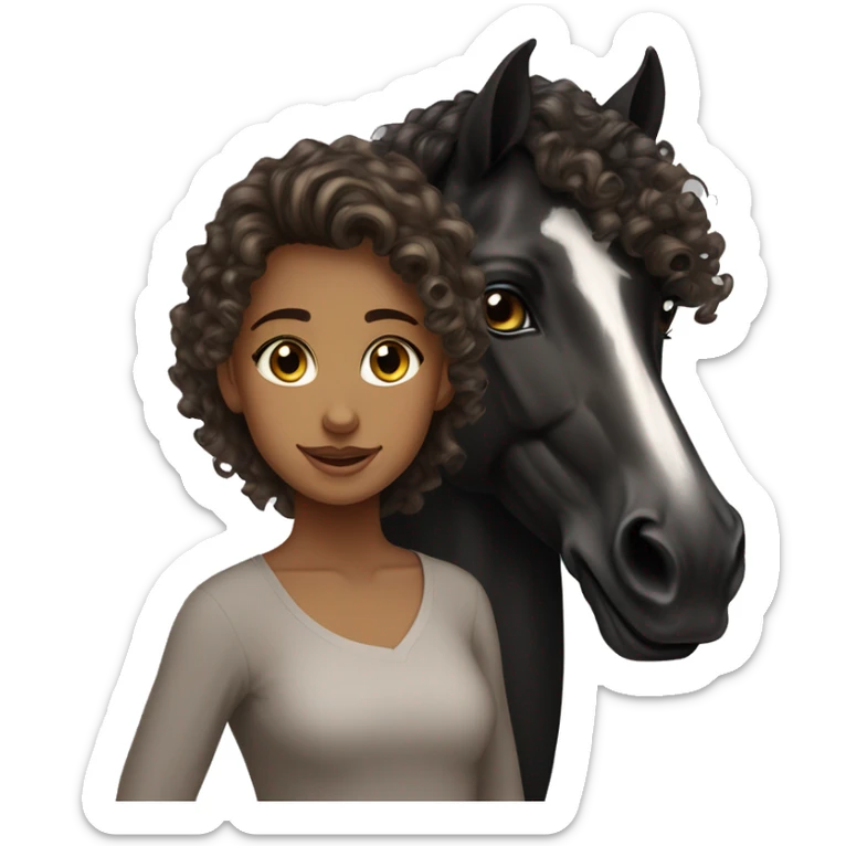 Tan girl, curly hair, beautiful hazel eyes, next to a black Arabian horse sticker
