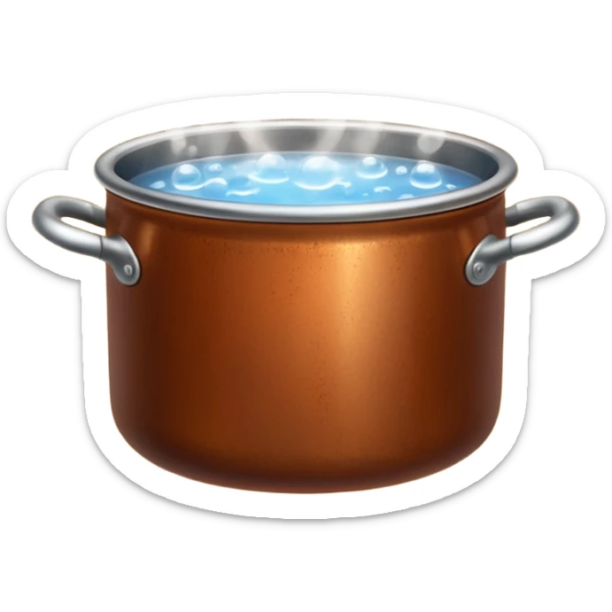 brown small metal pot filled with boiling water on a stove, visible hot steam and rising bubbles, realistic heat effect, shiny pot surface, bright lighting, clean white background sticker