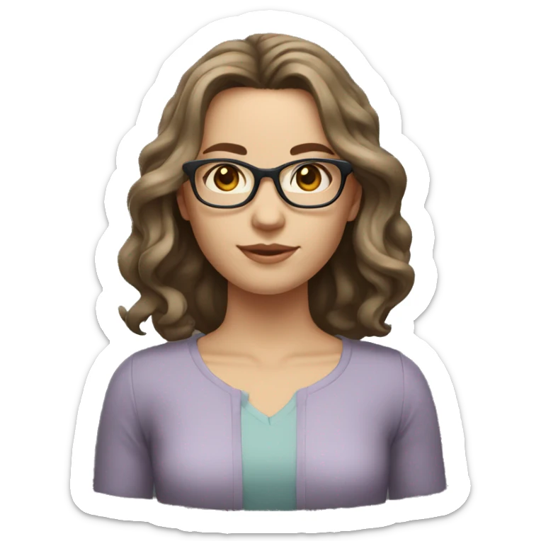 caucasian girl with brown wavy shoulder length hair, grey eyes glasses sticker
