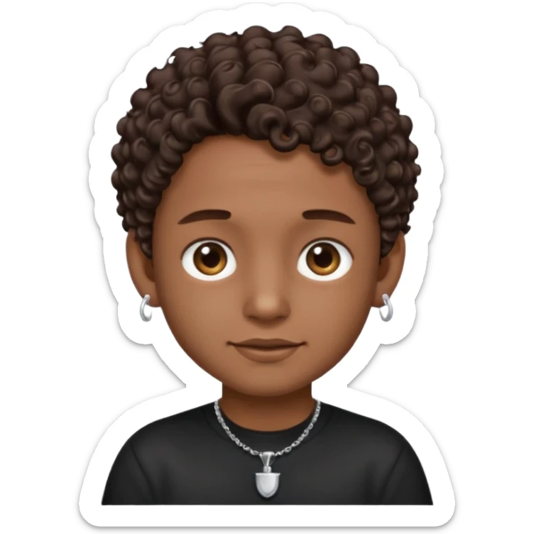 a boy emoji with a milk chocolate skin color, short dark brown curly hair with 2 silver stud earrings on both ears and 2 slits on each eyebrow and is wearing a black shirt with a silver necklace  sticker