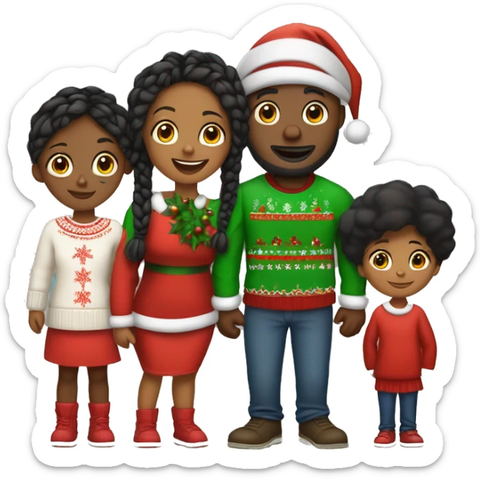 Black family of four members with Dad, Mom, Son, and Daughter. The Son and Daughter are teenagers. The Mom has braids. The Dad is light skinned.All family members are wearing Christmas sweaters and Santa hats.  sticker