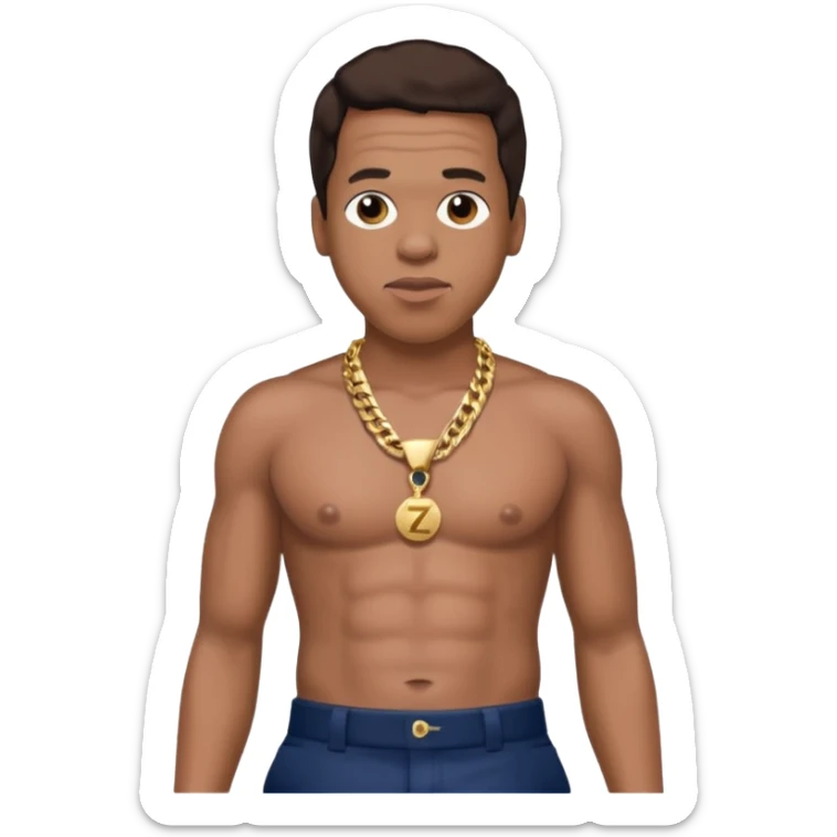 Jay-Z with dark brown hair, shirtless with necklace, metallic navy blue pants sticker