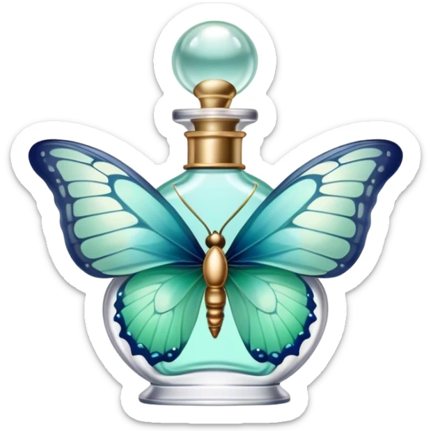 A delicate butterfly with pastel green and blue wings resting on a vintage glass perfume bottle with golden details. sticker