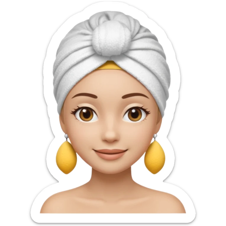 3D emoji style woman with towel head wrap, under-eye patches, smiling softly, clean girl skincare aesthetic, soft studio lighting, smooth skin texture, minimalist beige background, high resolution, PNG sticker