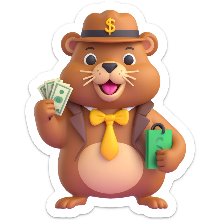 3D emoji style beaver holding a money bag, wearing a flashy ring and a toothpick, gangster look sticker