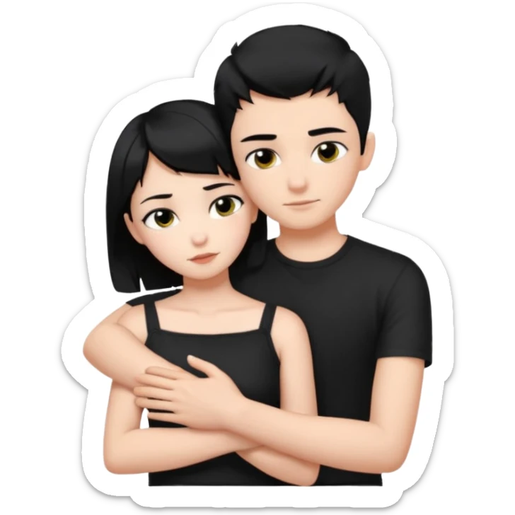 A girl with black hair length at collarbone and black pupils wearing a black short top with black hair shaved on both sides and only the top has hair hairstyle and a boy wearing a white short-sleeved shirt hugging each other sticker