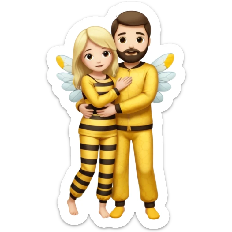 Man long dark brown hair, white skin, medium beard, full body in cute bee pijama hugging a woman with blonde hair in a flower suit  sticker