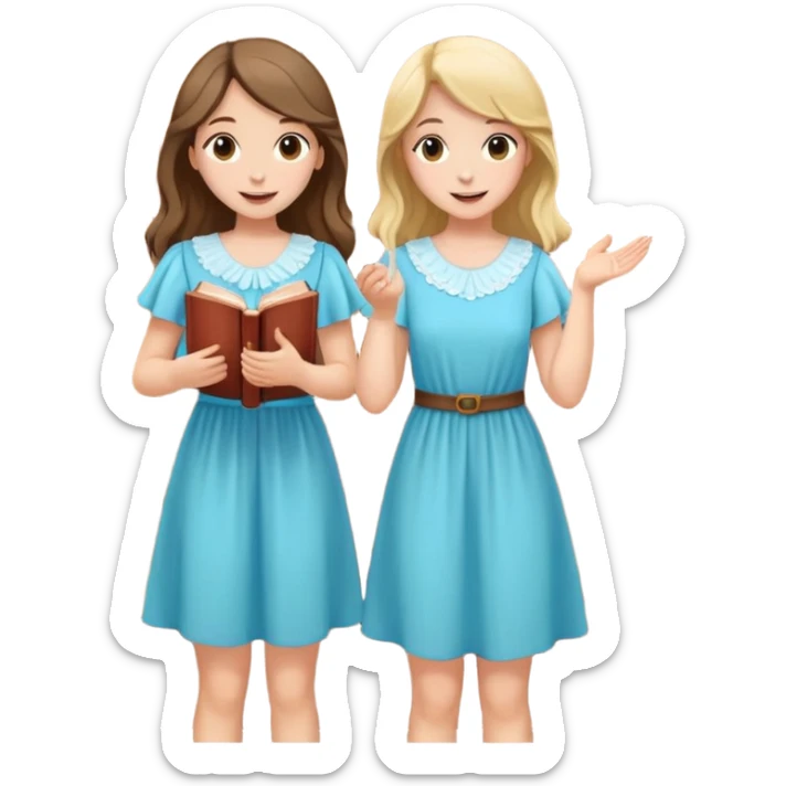 Two girls knocking on a door with a book on their hand happy and nice flowy dresses sticker