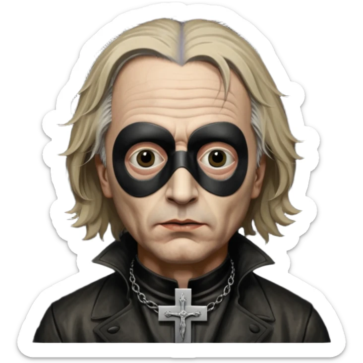 cinematic ultra HD portrait of Joel-Peter Witkin,  he wears a small black mask, a small crucifix is ​​sewn onto the black mask between the eyes of the portrait, he wears a worn leather coat and very disheveled hair sticker