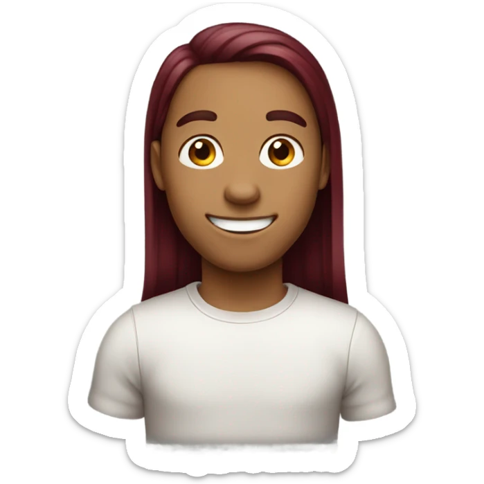 A boy with burgundy hair. His hair is long and straight. He doesn't wear glasses and is smiling.
 sticker