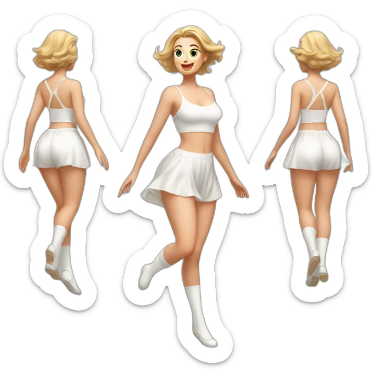 realistic full body caucasian curvy beauty jumping short dress back and front views strong wind white knickers long white socks sticker