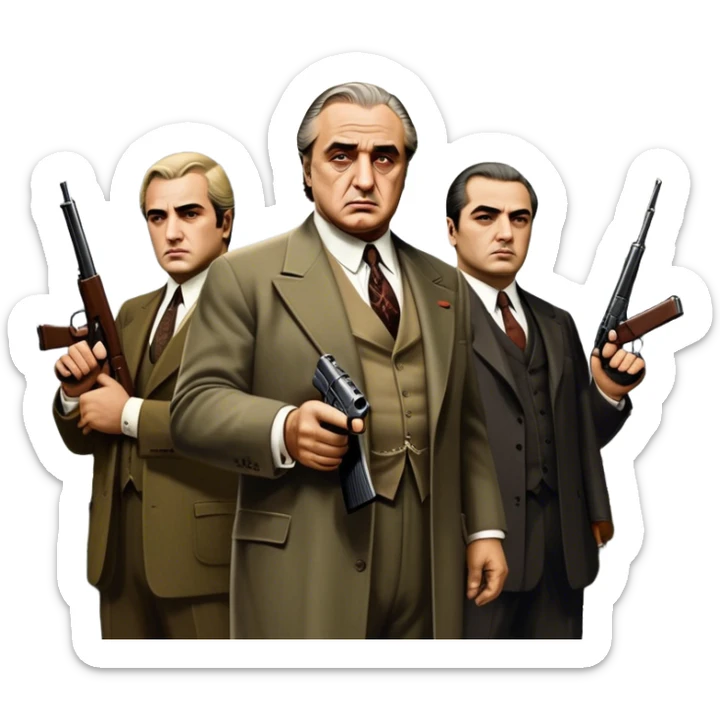 A vintage movie poster-style design featuring Don Vito Corleone surrounded by gangsters with Tommy guns. Include a dark, moody noir atmosphere with skyscrapers of New York in the background. The scene should be tense and mysterious, with a retro cinematic feel. Transparent background. sticker