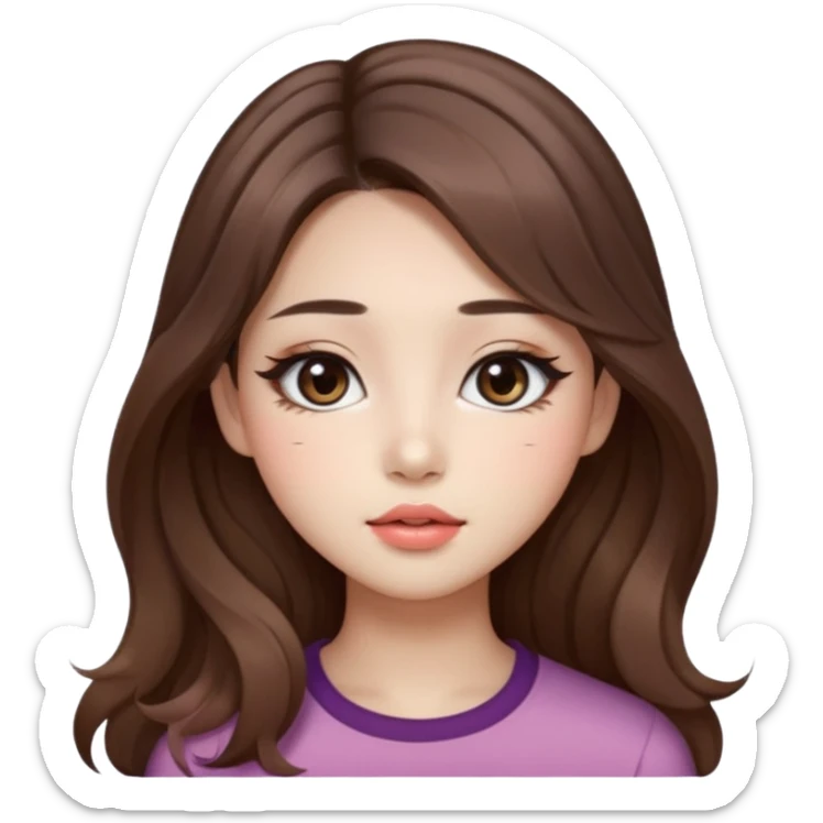 “korean straight brown hair Emoji girl, soft eyeliner and blush, gradient lips, light brown shimmer eyeshadow, long wavy hair,  sticker
