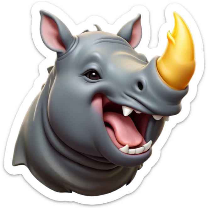 Cinematic Cute Yawning Rhinoceros Portrait Emoji, Head tilted slightly with a dramatic, wide-open yawn, showcasing a soft, textured slate-gray hide with a slightly drooping horn and eyes barely open in drowsy contentment, Simplified yet irresistibly adorable features, highly detailed, glowing with a soft, cozy glow, high shine, relaxed yet expressive, stylized with a touch of rugged whimsy, bright and endearing, soft glowing outline, capturing the essence of a sleepy yet affectionate rhinoceros, so drowsy it feels like it could stretch out of the screen and curl up for a nap! sticker