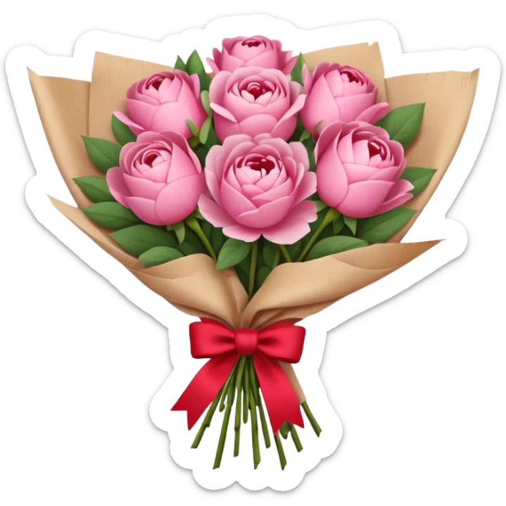 Bouquet of pink flower like rose and peony wrapped in kraft paper with red bow sticker