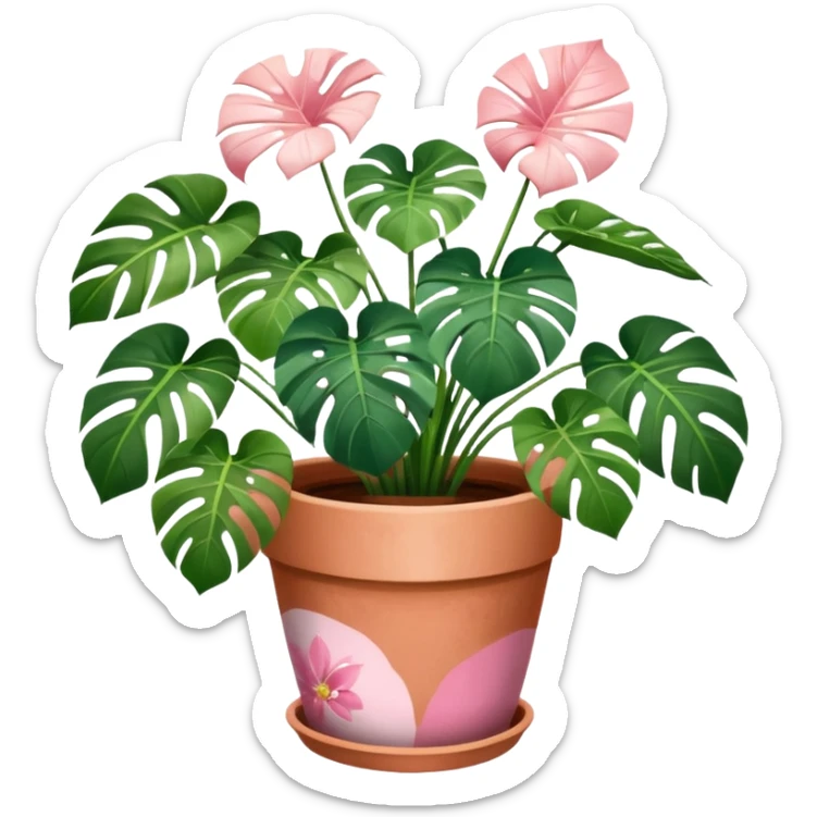 monstera plant in a plant pot in terra cota with white and pink flowers hand painted on the pot  sticker