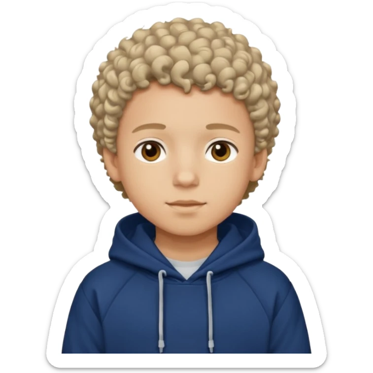 Boy with short curly hair and navy blue hoodie sticker