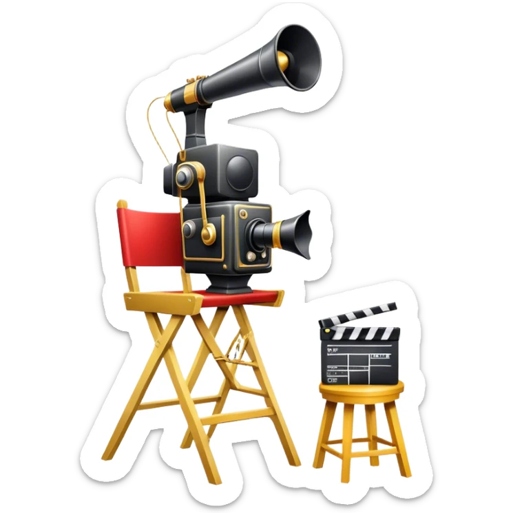 Icon for Directing: a director's chair, a large film camera, a megaphone, a stage set with lights and an Oscar statuette. The icon should represent the creative and leadership aspects of directing, with focus on film and theater production. Transparent background. sticker