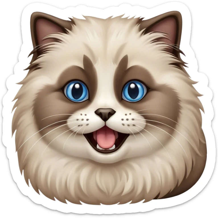 Cinematic Adorable Fluffy Brown Seal Ragdoll Cat Portrait Emoji, Head tilted cutely with big, sparkling blue eyes, soft brown seal-colored fur with darker points on the ears, face, and paws, Simplified yet irresistibly adorable features, highly detailed, glowing with a soft, warm glow, high shine, yawning in a peaceful and playful manner, stylized with a touch of whimsy, bright and endearing, soft glowing outline, capturing the essence of a relaxed and loving kitten, so cute it feels like it could leap out of the screen and stretch into a cozy nap! sticker
