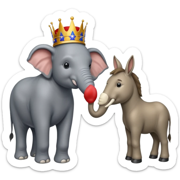 Democratic Party elephant facing Republican Party donkey with King Trump inbetween sticker