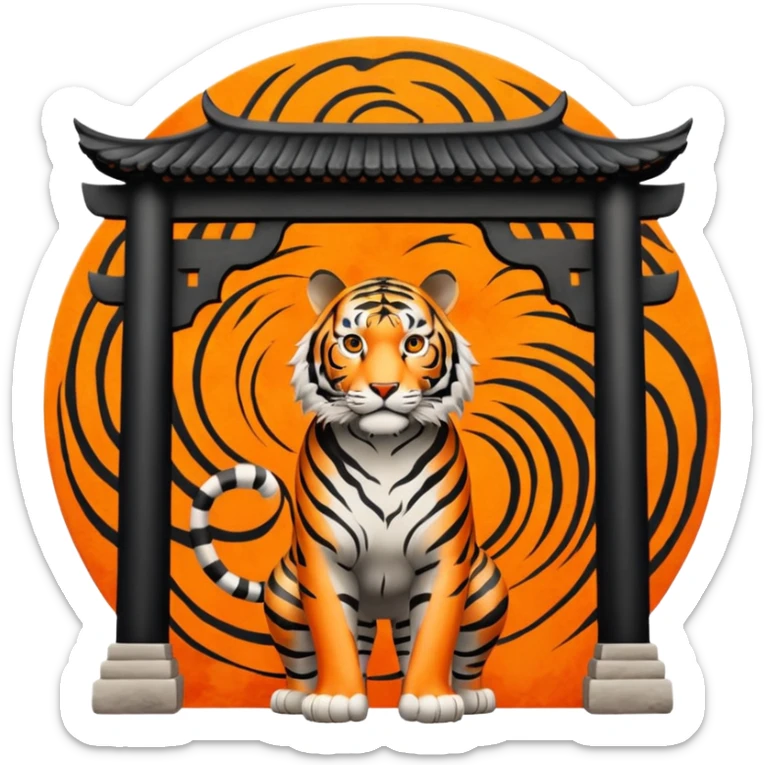 Traditional Chinese ink painting style emoji. A powerful tiger (like the ancient character 虎), standing guard in front of mystical gates (門). Energy swirls around him like a vortex (🌀). Minimalist, transparent background, 512x512 pixels. sticker