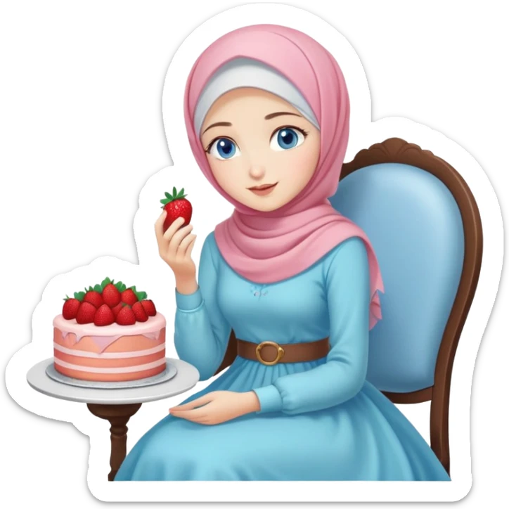 Turkish beautiful finish Konya girl blue eyes with pastel hijab long tail dress and sits on the chair and holds strawberry cake with her hand  sticker