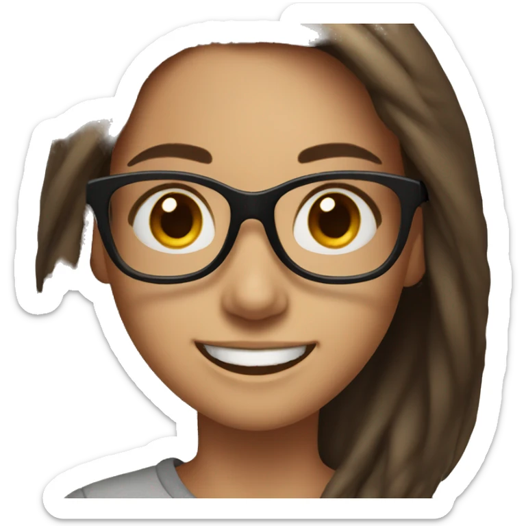 girl with black glasses, brown hair, brown eyes, brown spots on face and wide smile sticker