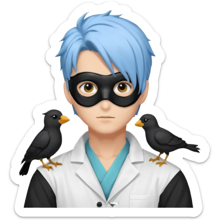 Handsome sexy adult anime man with light-blue hair and a black bird mask, wearing a white lab coat (Il Dottore from Genshin Impact) sticker