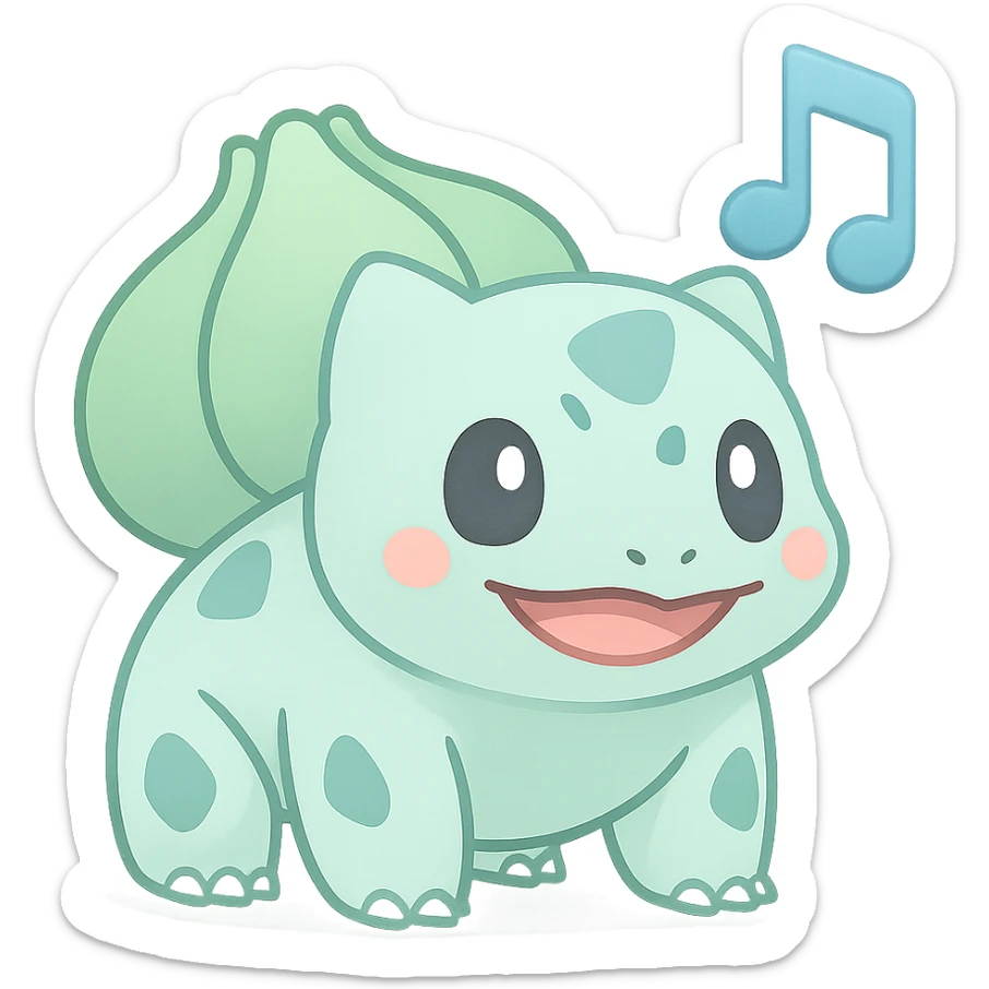 Change Bulbasaur to a pastel blue and mint green color palette, keeping the Rednote emoji style with musical note accent. The style is emoji style with musical note accent as in the original image. sticker