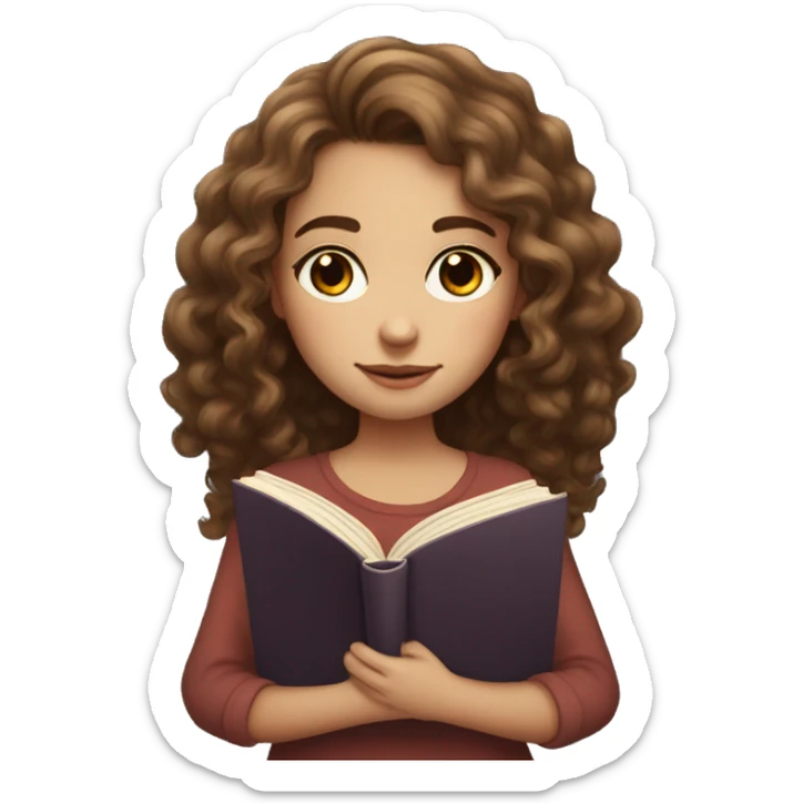 girl with long curly brown hair, she has light, white skin, two moles on her right cheek, brown eyes, holds a book in her hands and reads sticker