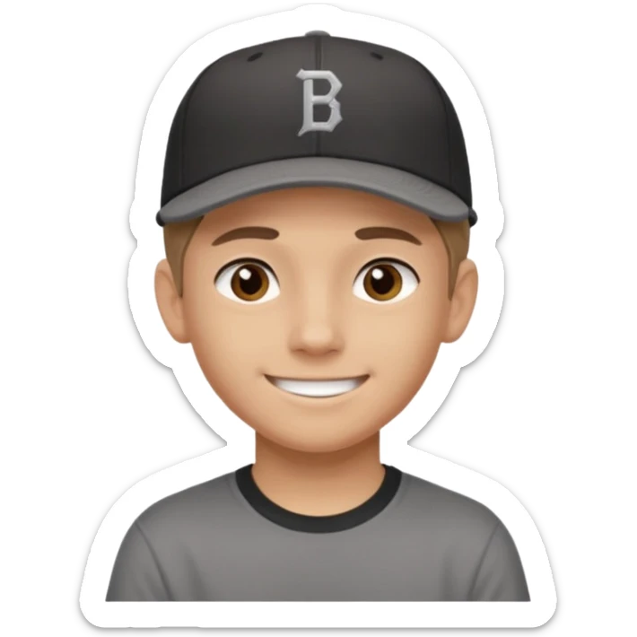 Create a teen boy wearing a faded black T-shirt. He will have light brown hair that is buzzed, tan skin, and dark brown eyes. He is wearing a gray baseball hat turned backwards. He is smiling sticker